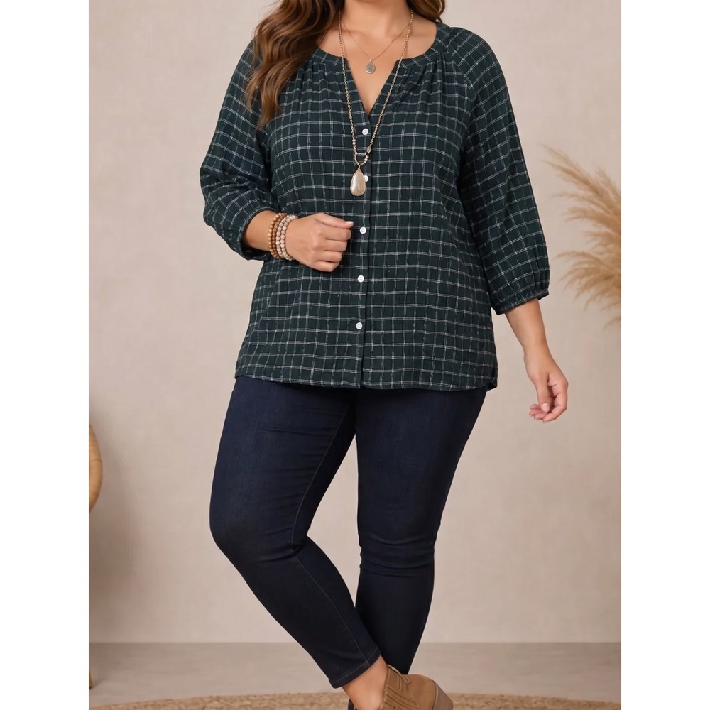 J. Jill Womens 4X Green Windowpane Plaid 3/4 Sleeve Button Front Blouse Top